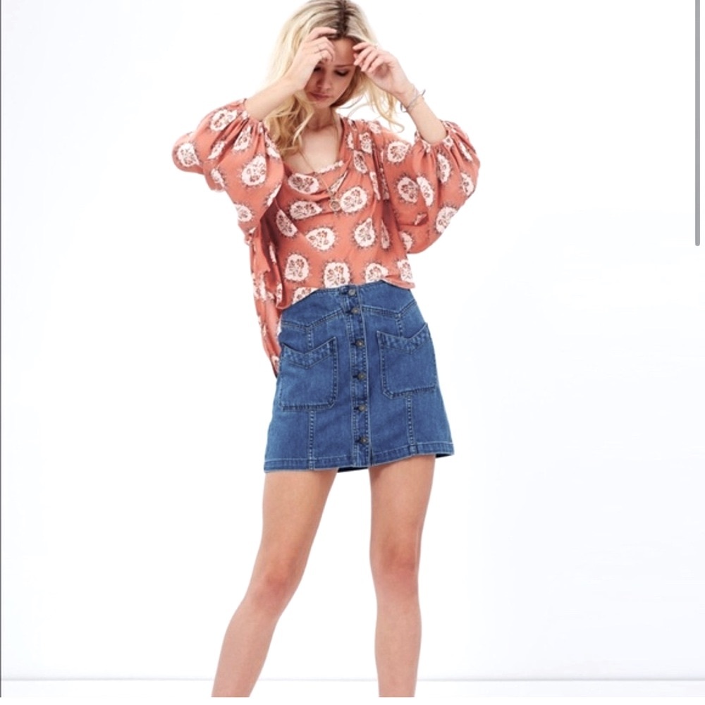 FP Come a Little Closer Denim Button-Front Skirt